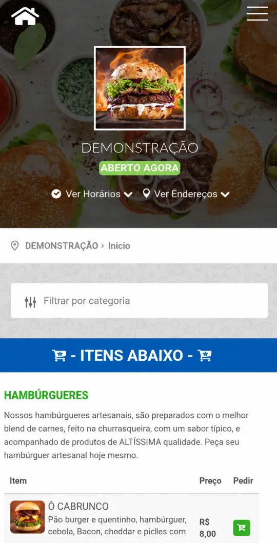 Cardápio digital do Pedido VIP aberto no celular, mostrando a loja aberta e a lista de hambúrgueres com preços e botão de pedir