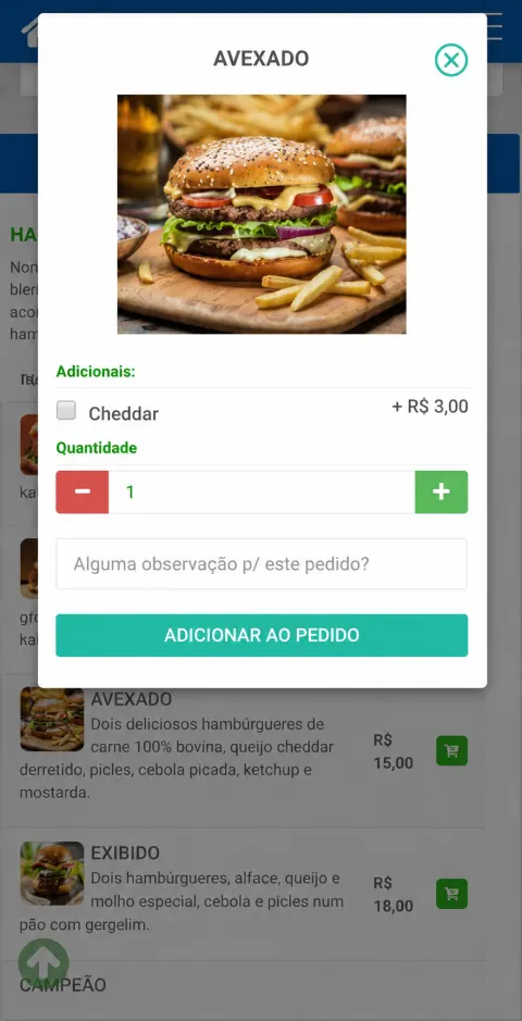 Tela do cardápio com um hambúrguer aberto, opção de adicional de cheddar, quantidade e campo de observação