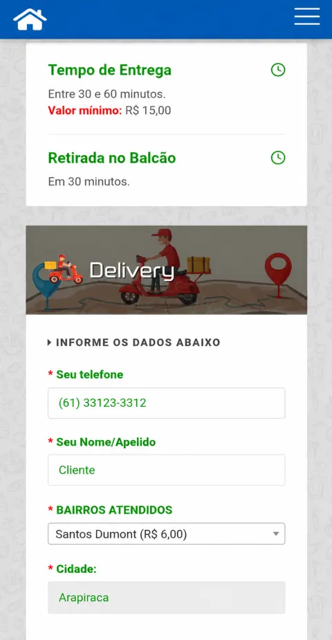 Tela de finalização mostrando tempo de entrega, retirada no balcão e seleção do bairro com a taxa de entrega