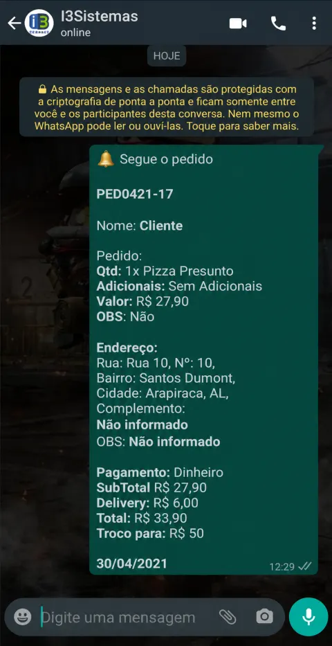 Mensagem de pedido no WhatsApp com número do pedido, itens, endereço, forma de pagamento, taxa de entrega e total