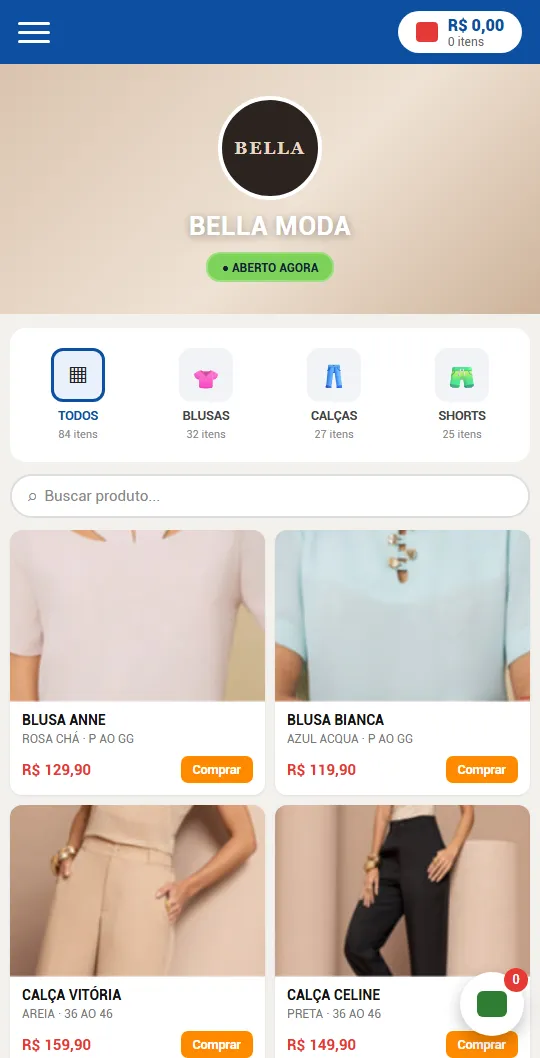 Catálogo digital do Pedido VIP aberto no celular: loja de roupas com categorias, busca e produtos em grade com foto, preço e botão Comprar