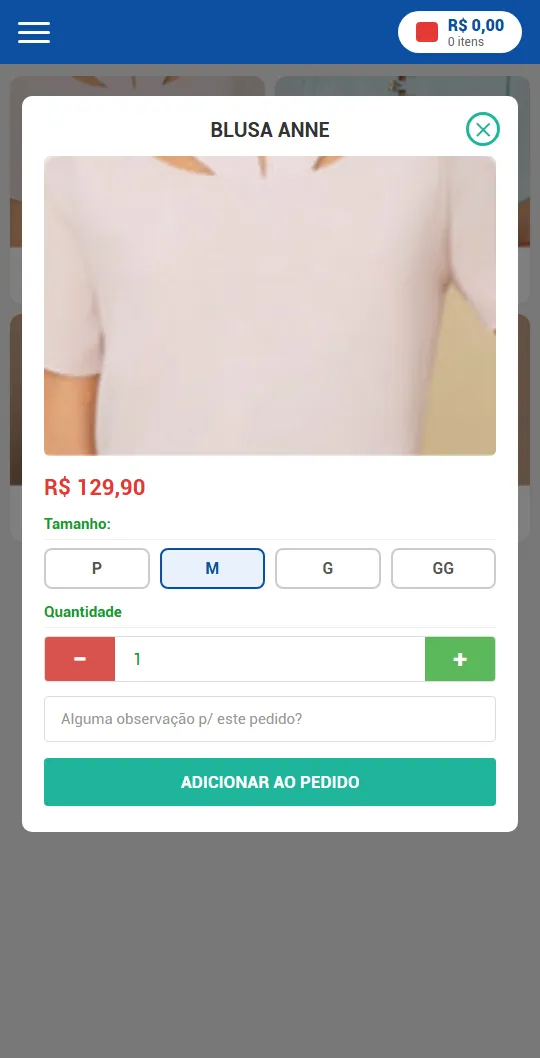 Produto aberto no catálogo com foto, preço, escolha de tamanho P, M, G ou GG, quantidade e botão Adicionar ao pedido
