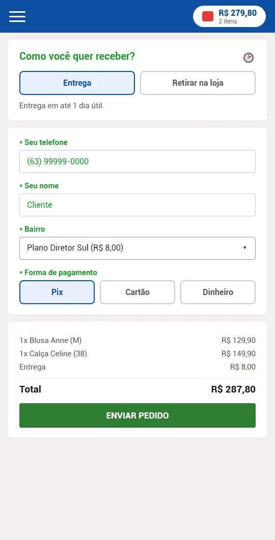 Tela de finalização com opção de entrega ou retirada, bairro com a taxa de entrega, forma de pagamento e resumo do pedido
