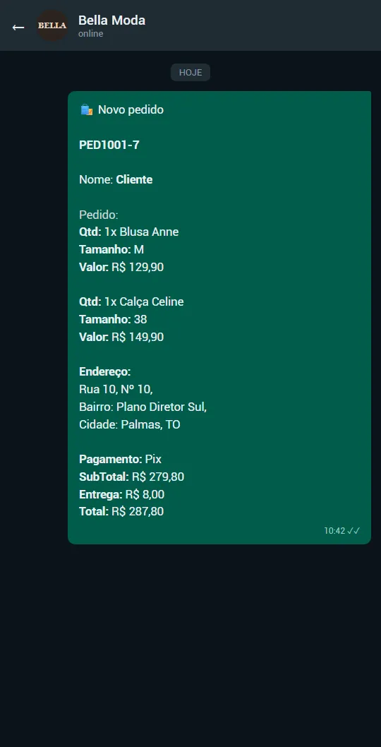 Mensagem de pedido no WhatsApp com número do pedido, produtos com tamanho e valor, endereço, pagamento e total